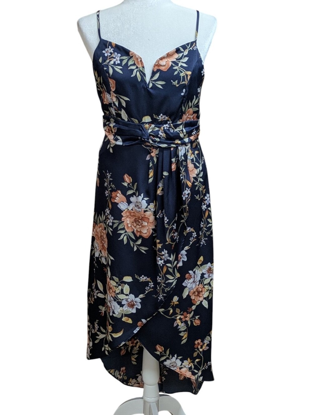 Lulu's My Favorite Day Navy Blue Floral Print Tulip Skirt Midi Dress Size Large - Picture 2 of 10